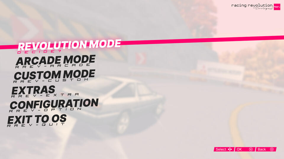 RREV Main Menu: Background video loop borrowed from CAPCOM's Auto Modellista.